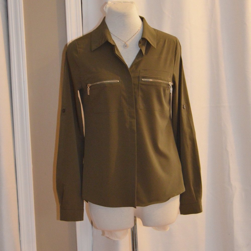 Naked Zebra olive long sleeve blouse size S